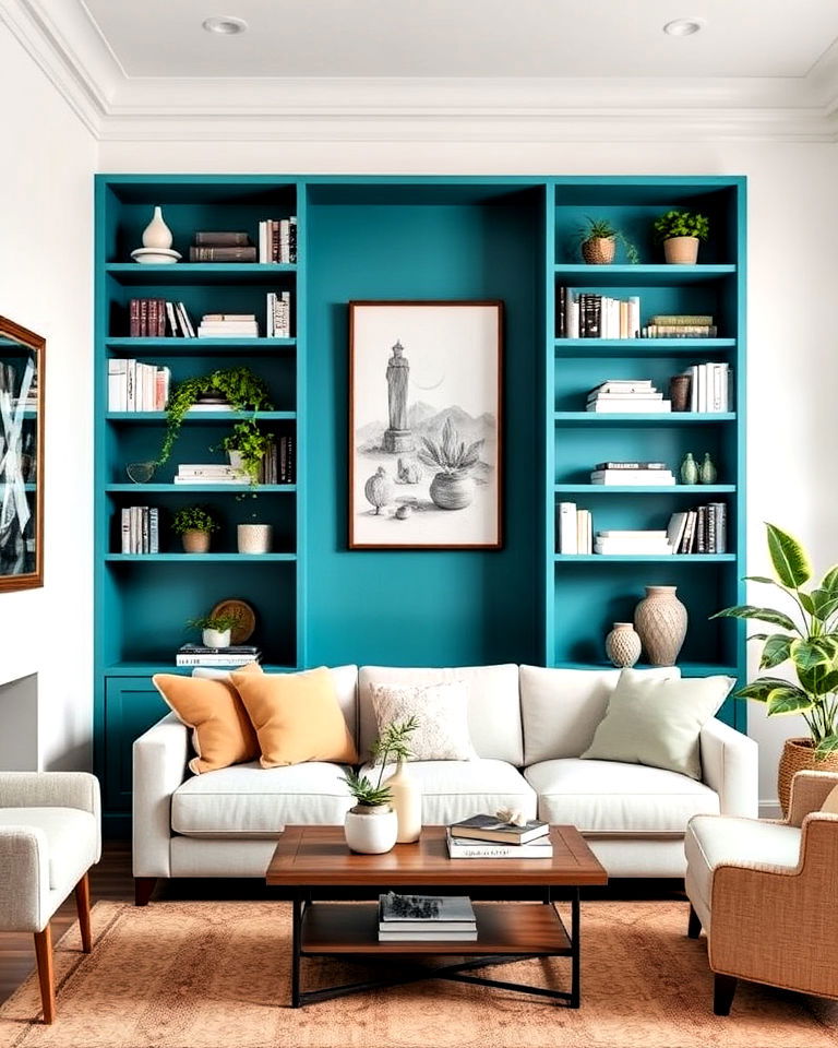living room teal bookshelves