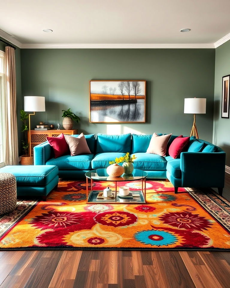 living room teal couch with bold area rug
