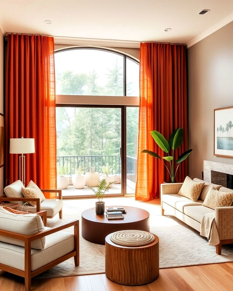 living room terracotta curtains for a cozy ambience