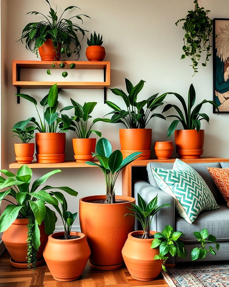 living room terracotta planters for organic touches