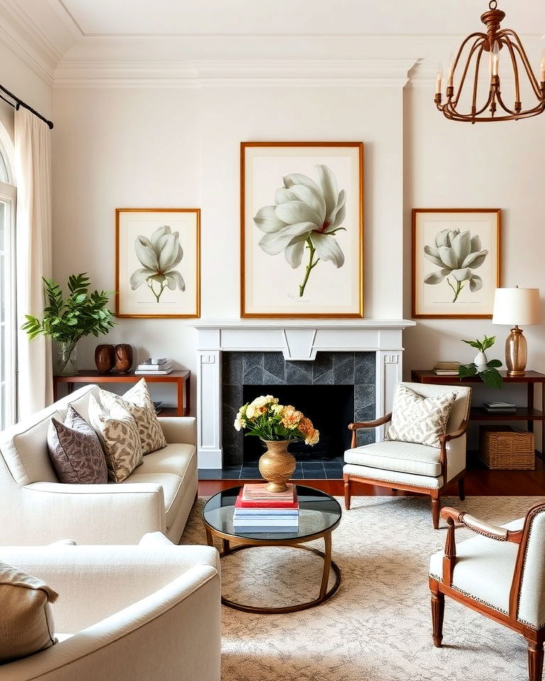 living room vintage magnolia prints