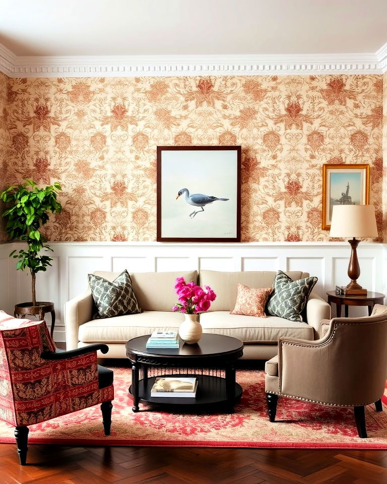 living room wainscoting with wallpaper
