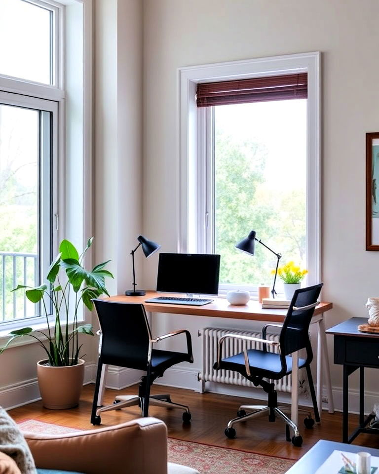 living room window facing desk arrangement