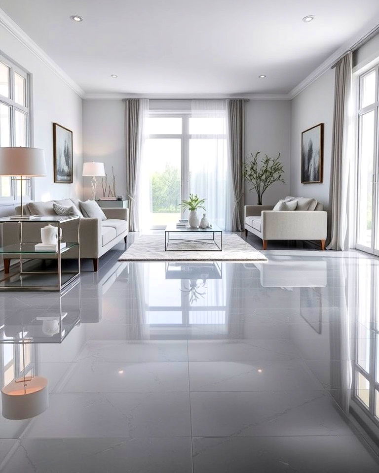 living room with high gloss statement grey floor