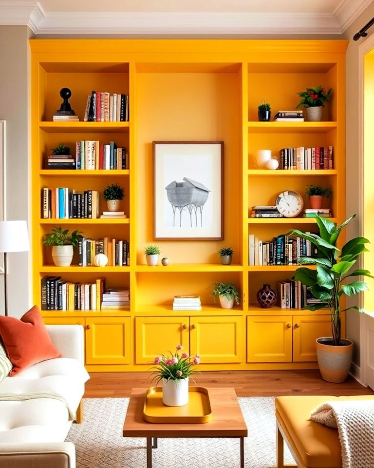 living room yellow bookshelves