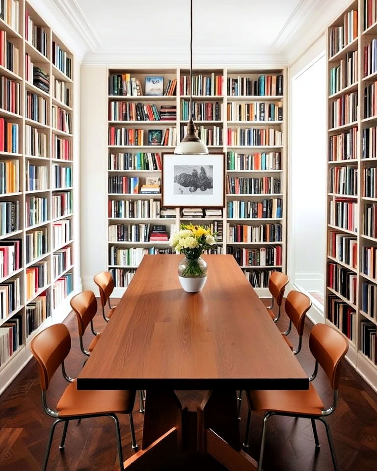 long narrow dining table along the bookshelves