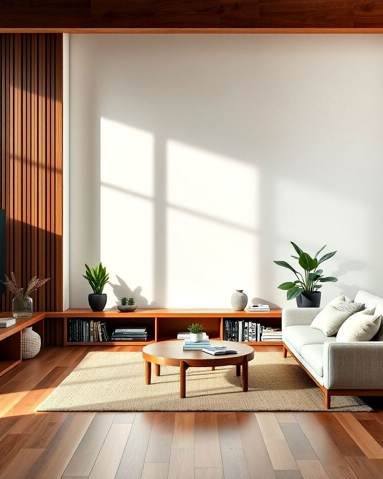 low bookshelves in zen living room