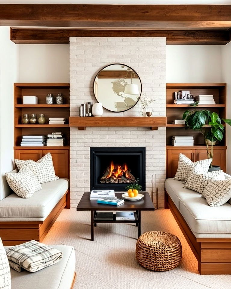 low built in seating around a floor level fireplace