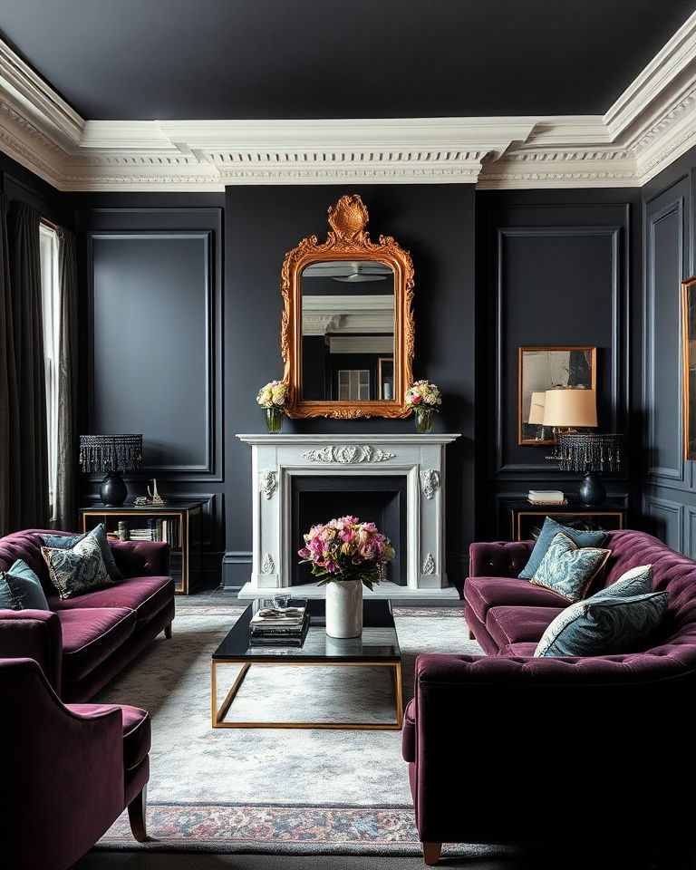 luxe living room with dark grey velvet and gold accents