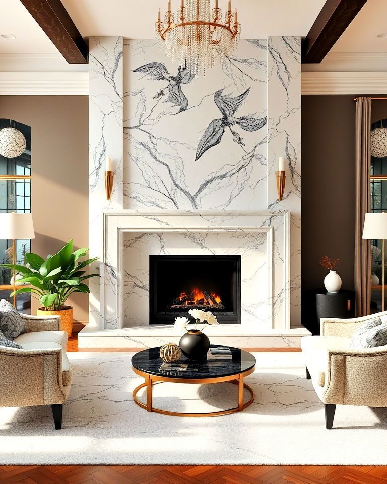 luxurious art deco inspired marble fireplace