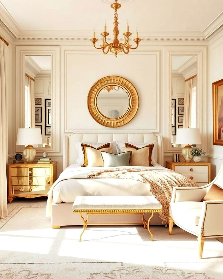 luxurious bedroom with a soft cream and gold combo