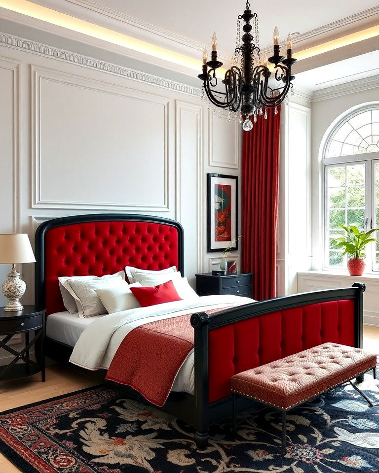 luxurious black bed frame with red velvet headboard