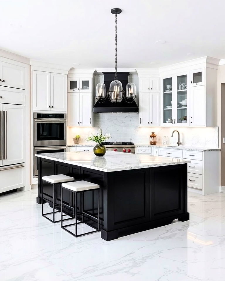 luxurious black island topped with marble countertop