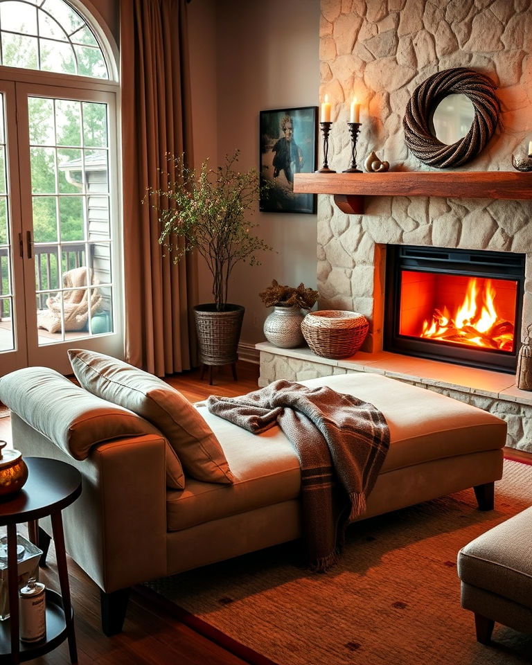 luxurious chaise lounge seating near the fireplace