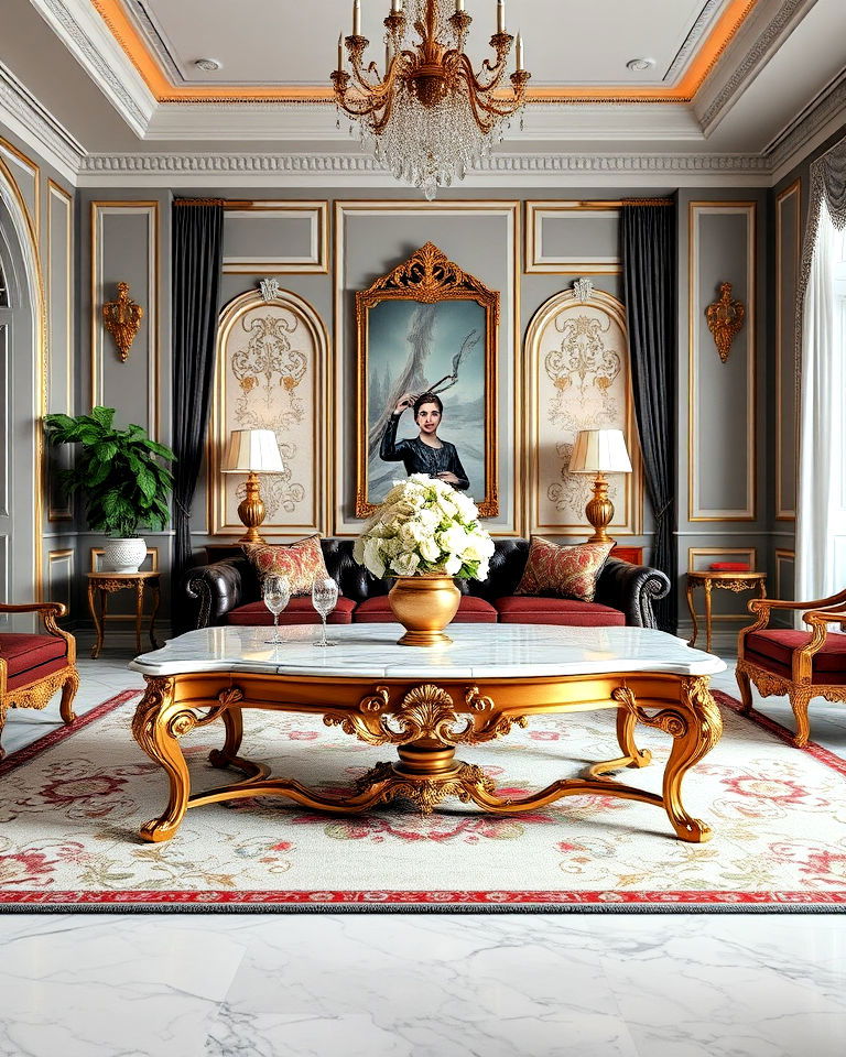 luxurious coffee table with ornate legs and a marble top