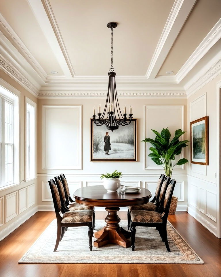 luxurious dining room wainscoting with crown molding