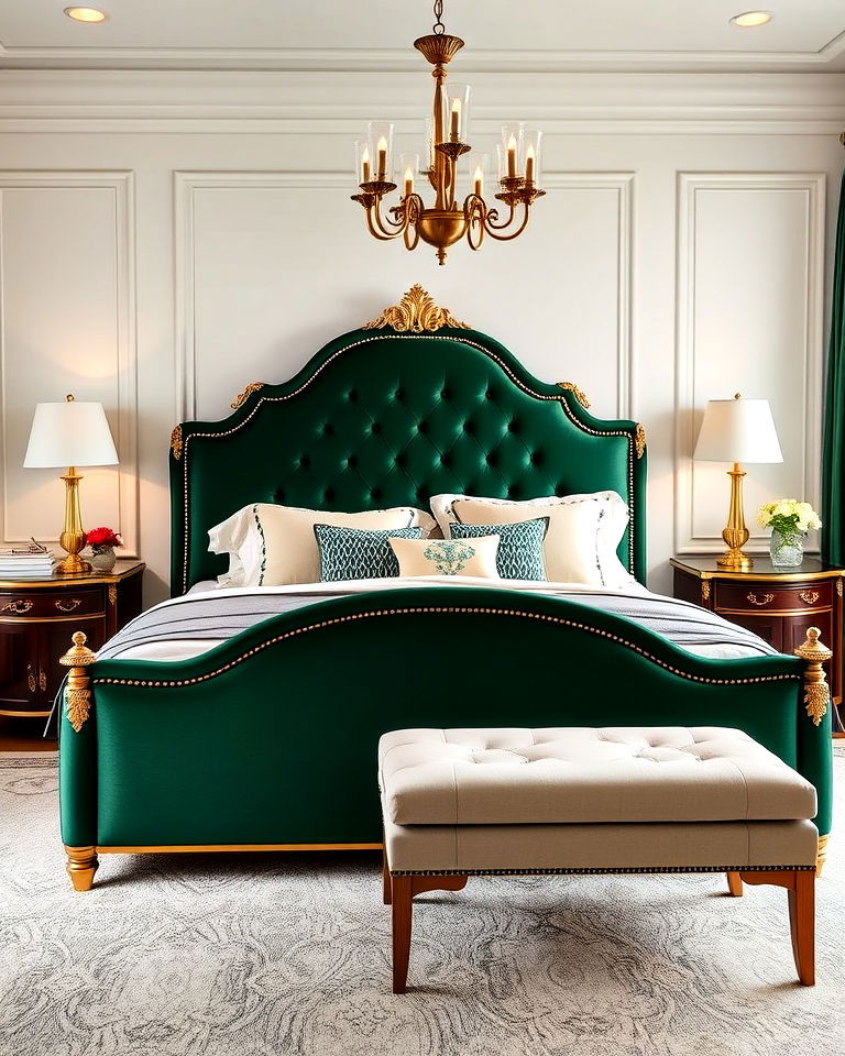 luxurious emerald green and gold bed frame