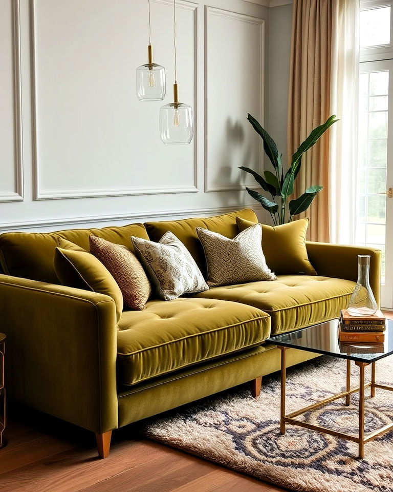 luxurious olive green velvet sofa for a living room