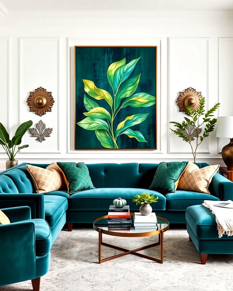 luxurious teal couch with jewel tones