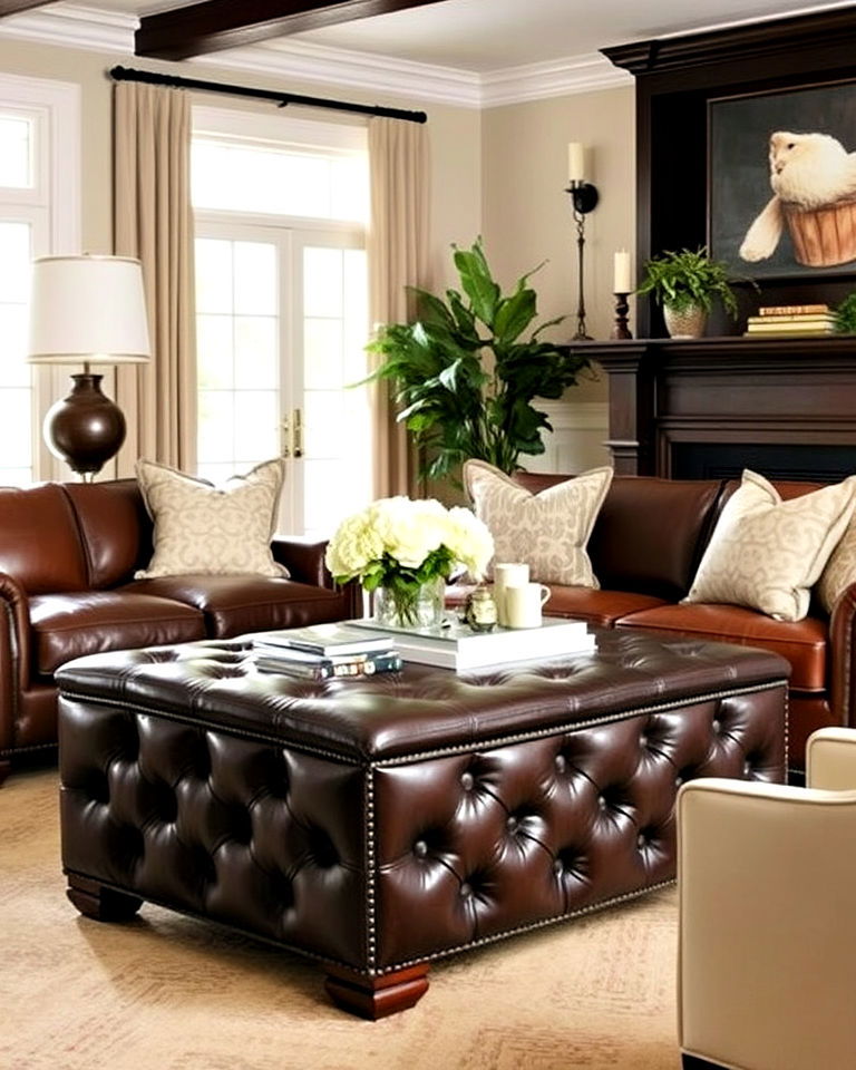 luxurious tufted leather ottoman for a living room