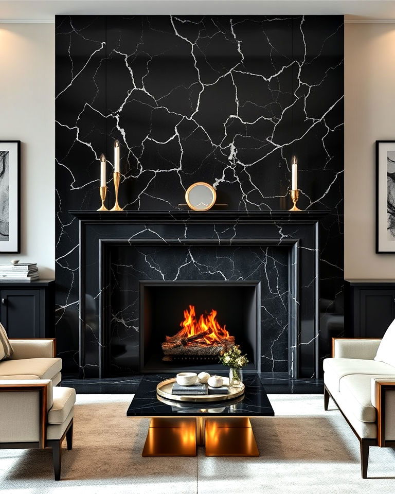 luxury and elegance black marble fireplace