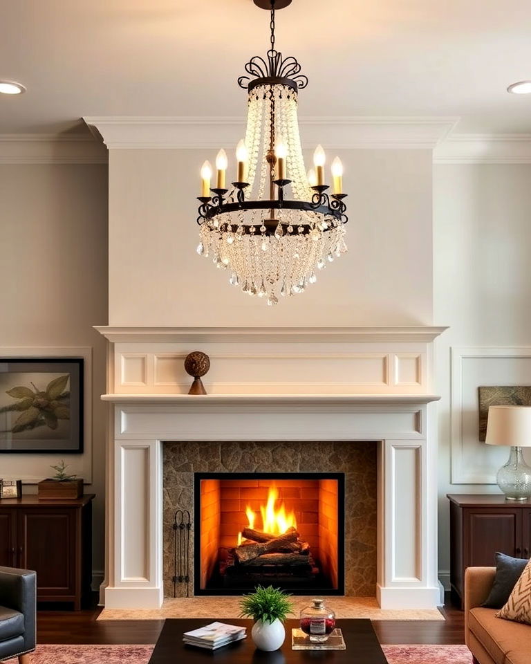 luxury chandelier placed above the fireplace