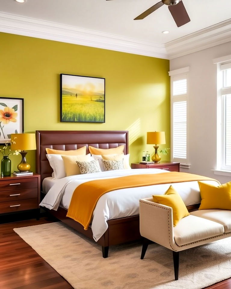 mahogany bedroom furniture with lively chartreuse accents