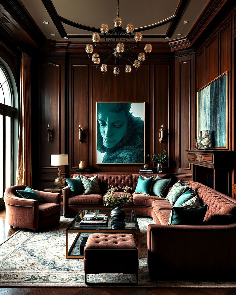 mahogany brown living room with jewel tones for a luxe look
