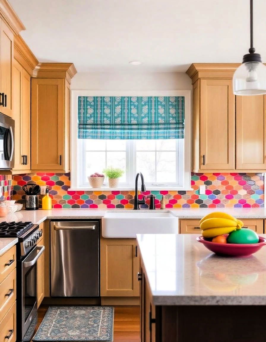 maple cabinets with colorful backsplash