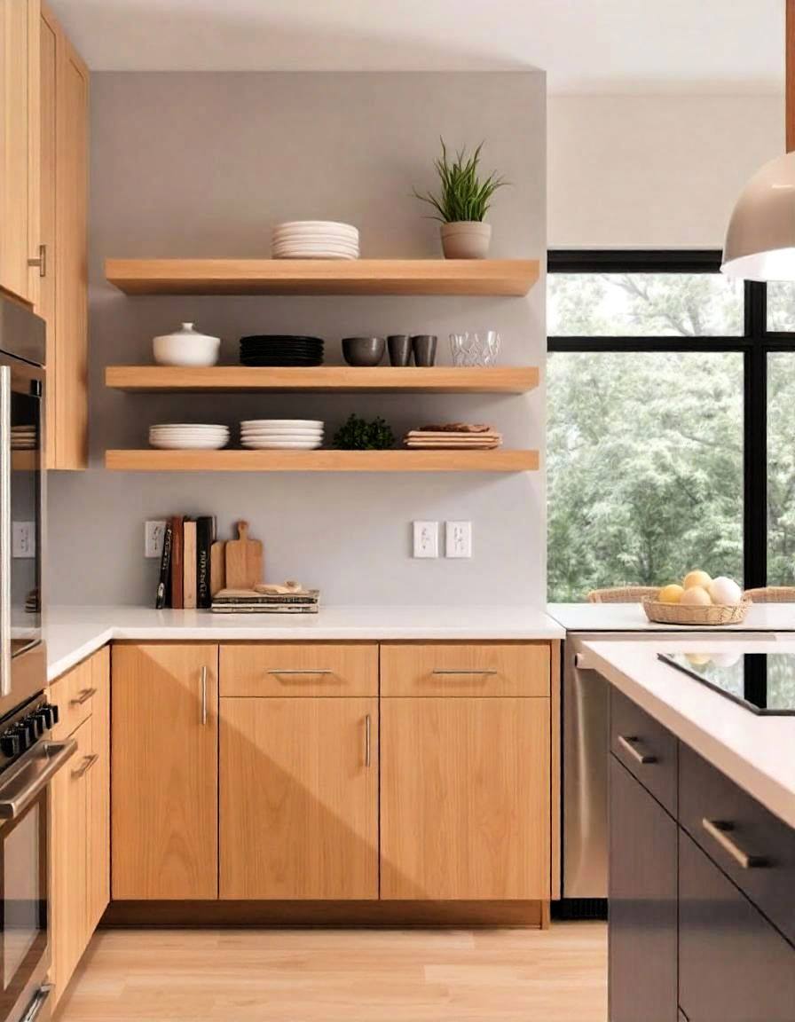maple cabinets with floating shelves