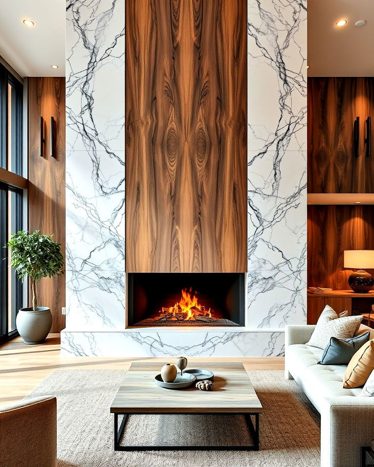 marble and wood combination floor to ceiling fireplace