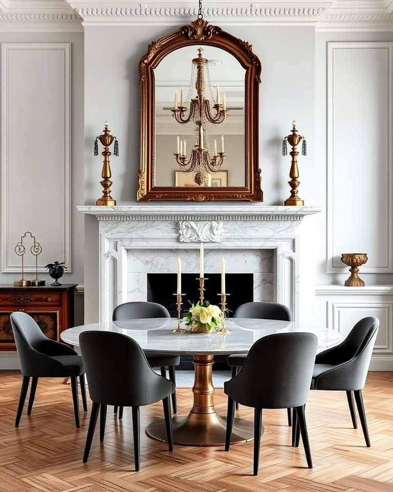 marble fireplace parisian dining room