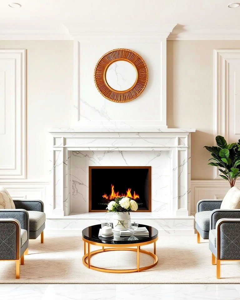 marble fireplace surround with gold accents