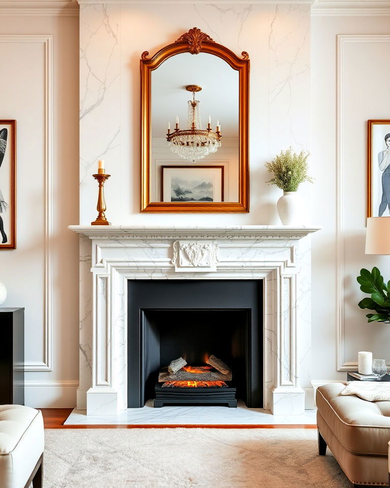 marble fireplace with a mirror above the mantel