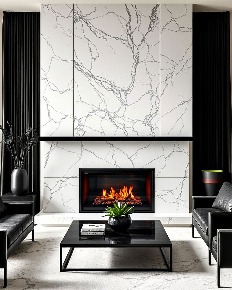 marble fireplace with black accents