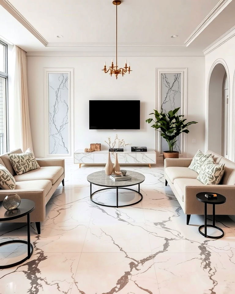 marble floors with veining contrast living room