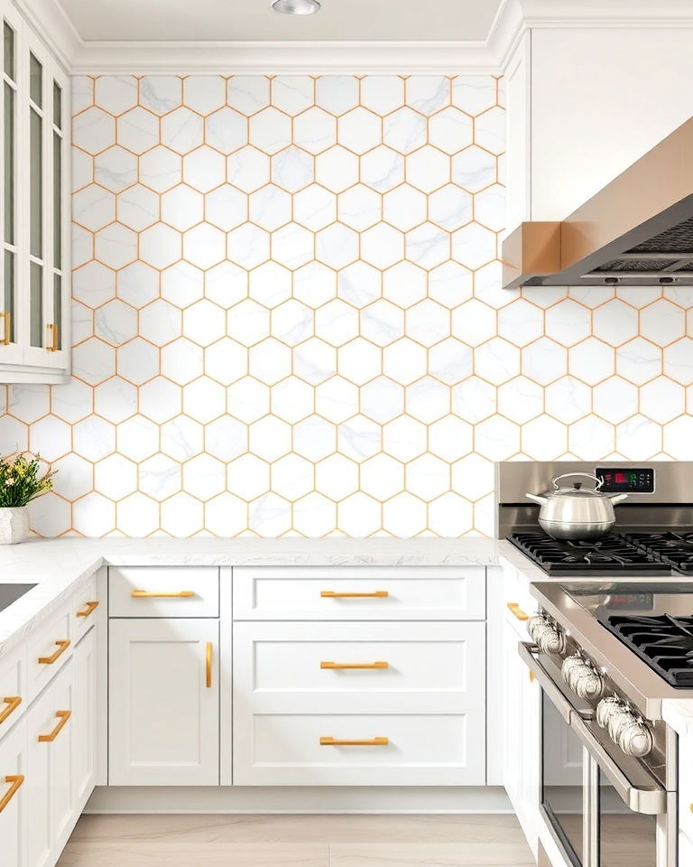 marble hexagon with gold lines backsplash