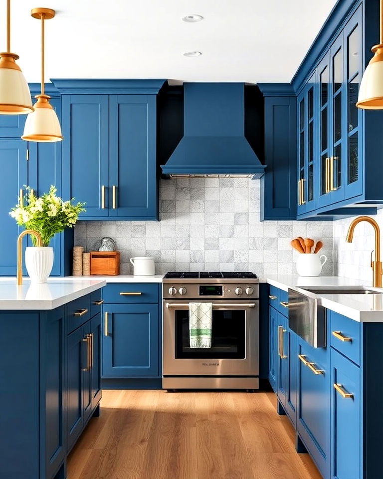 marine blue cabinets with gold square pulls