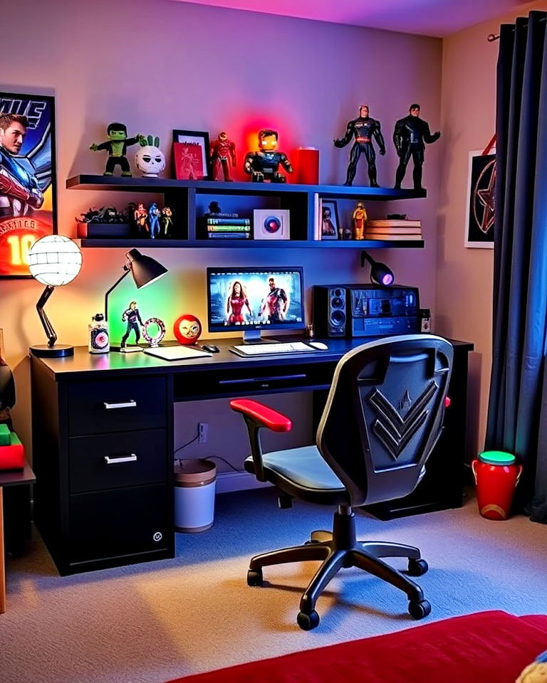 marvel themed desk and workspace