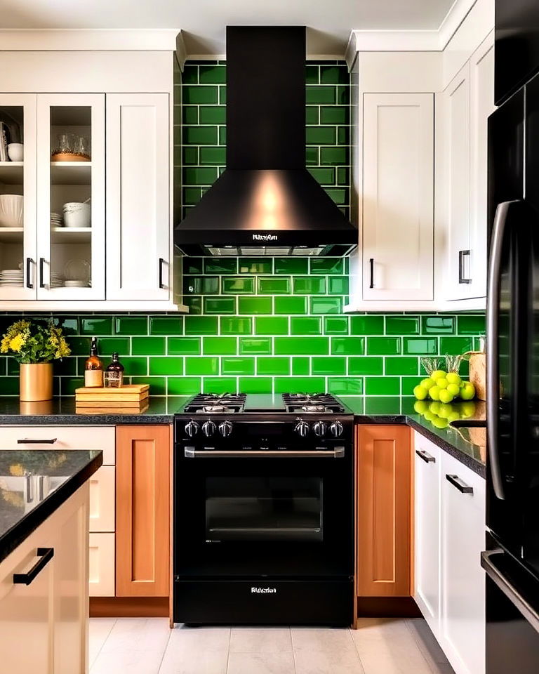 matte black appliances kitchen with green tile backsplash