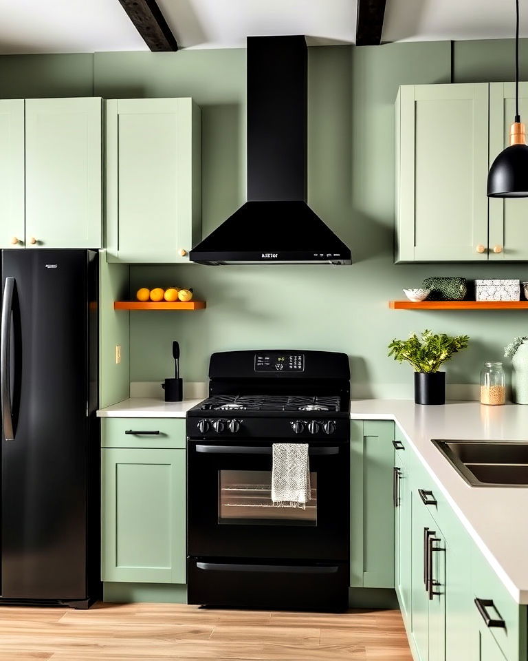 matte black appliances with sage green walls for kitchen