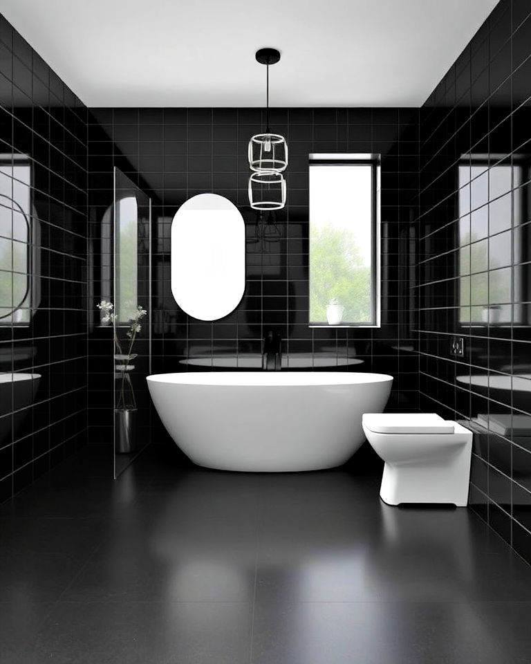 matte black bathroom floor with glossy black walls