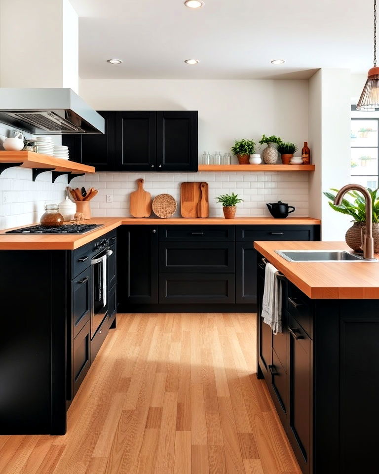matte black cabinets with butcher block countertop