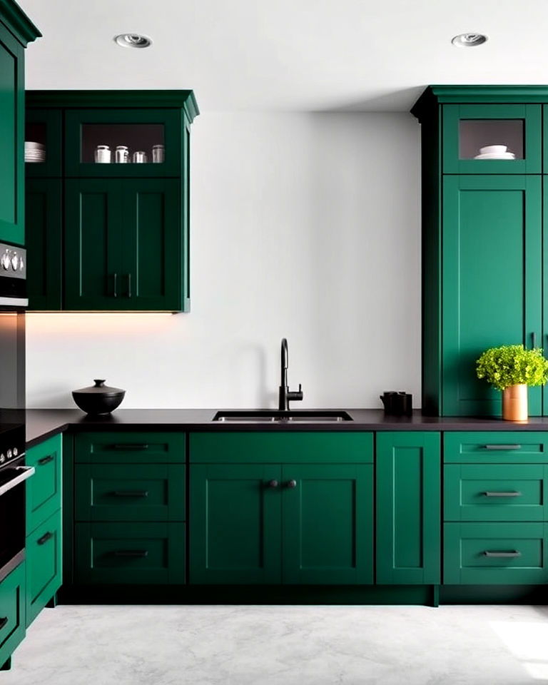 matte black countertops kitchen with emerald green cabinets