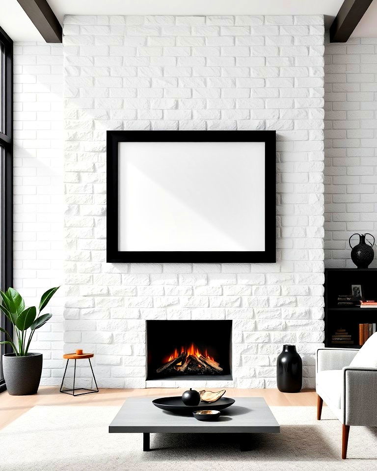 matte black fireplace frame with white stone wall