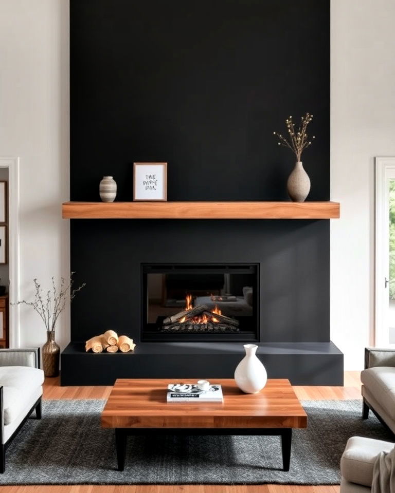 matte black fireplace with a natural wood mantel