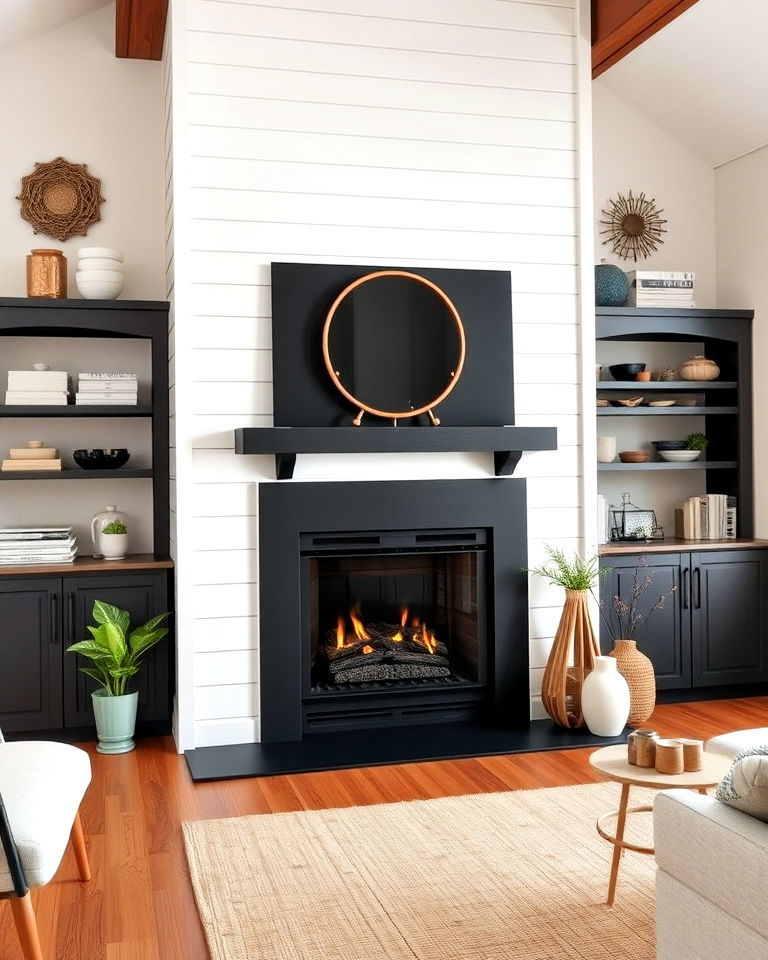 matte black fireplace with white shiplap surrounded