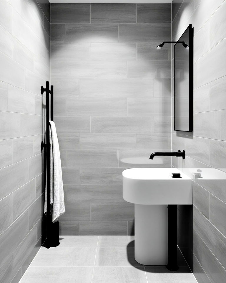 matte black fixtures against light grey tiles