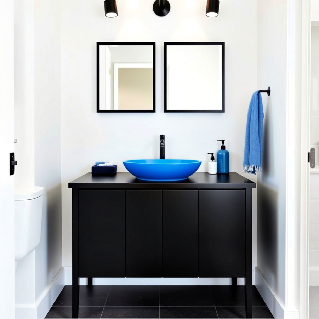 matte black vanity with blue sink