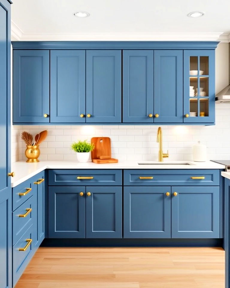 matte blue shaker cabinets with polished gold pulls